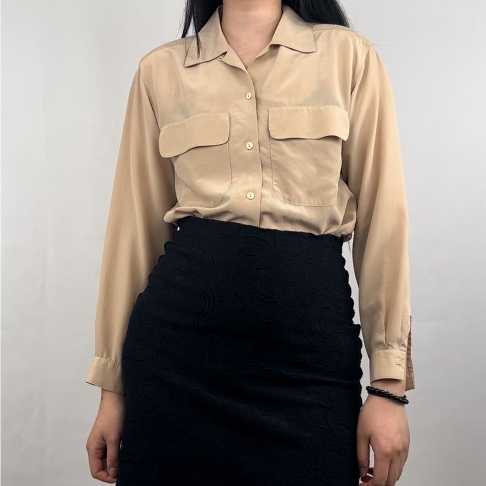 Vintage 90s Pinstripes Petites Silk Tan Blouse